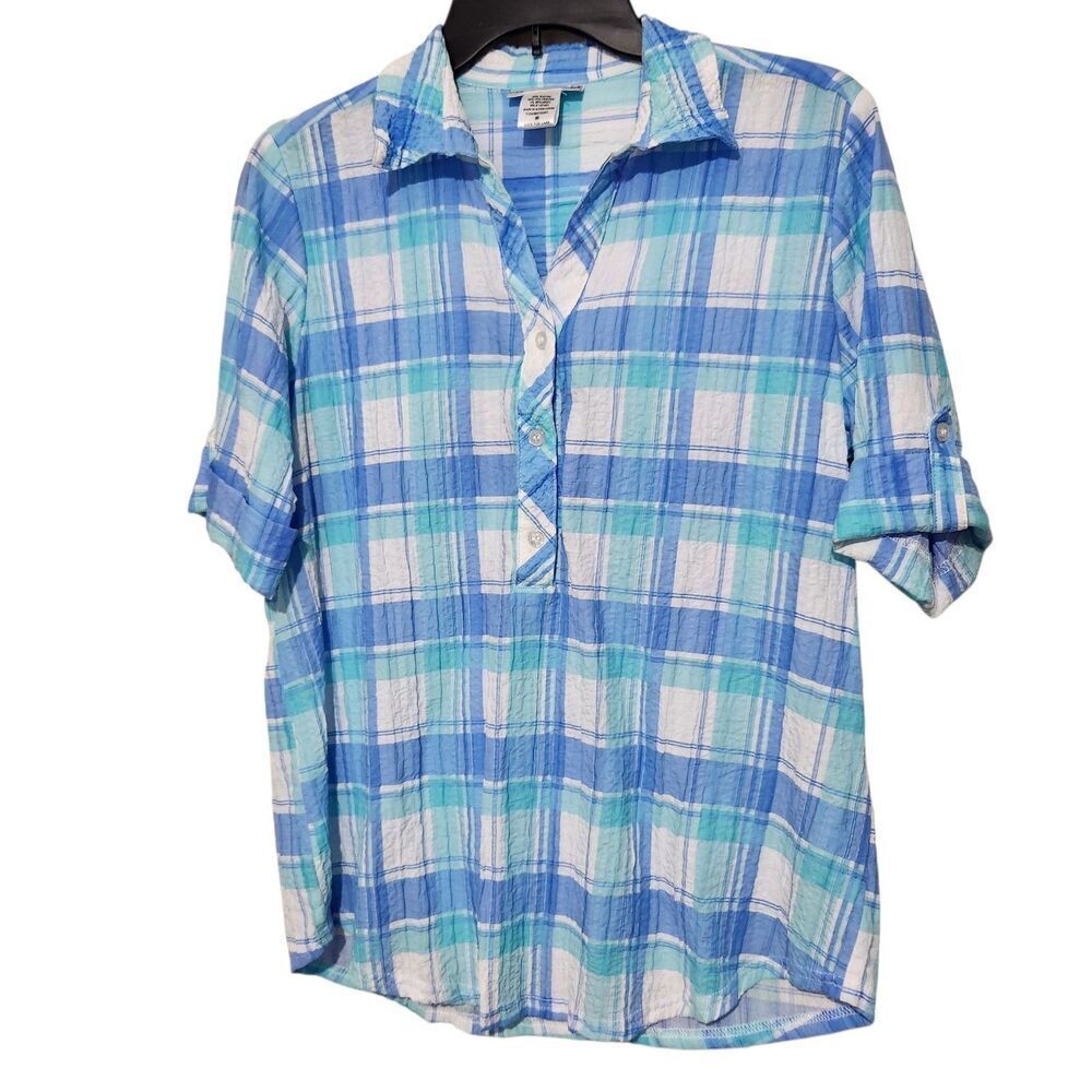Rebeca Malone Top Size Medium Blue Plaid Front Buttons Short Sleeve - Picture 1 of 10